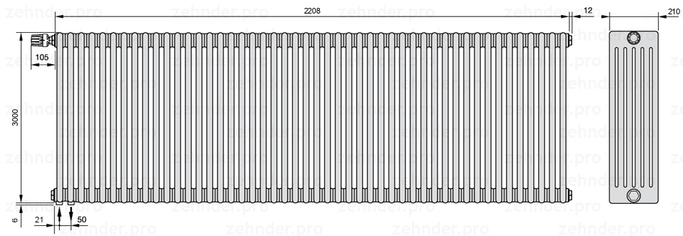 Схема (чертеж) Радиатор Zehnder Charleston 6300/48 №V001 Белый глянцевый RAL 9016